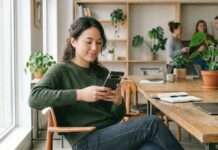 En internet, confiamos más rápido de lo que pensamos Persona joven en sala de juntas moderna revisando su celular con expresión tranquila