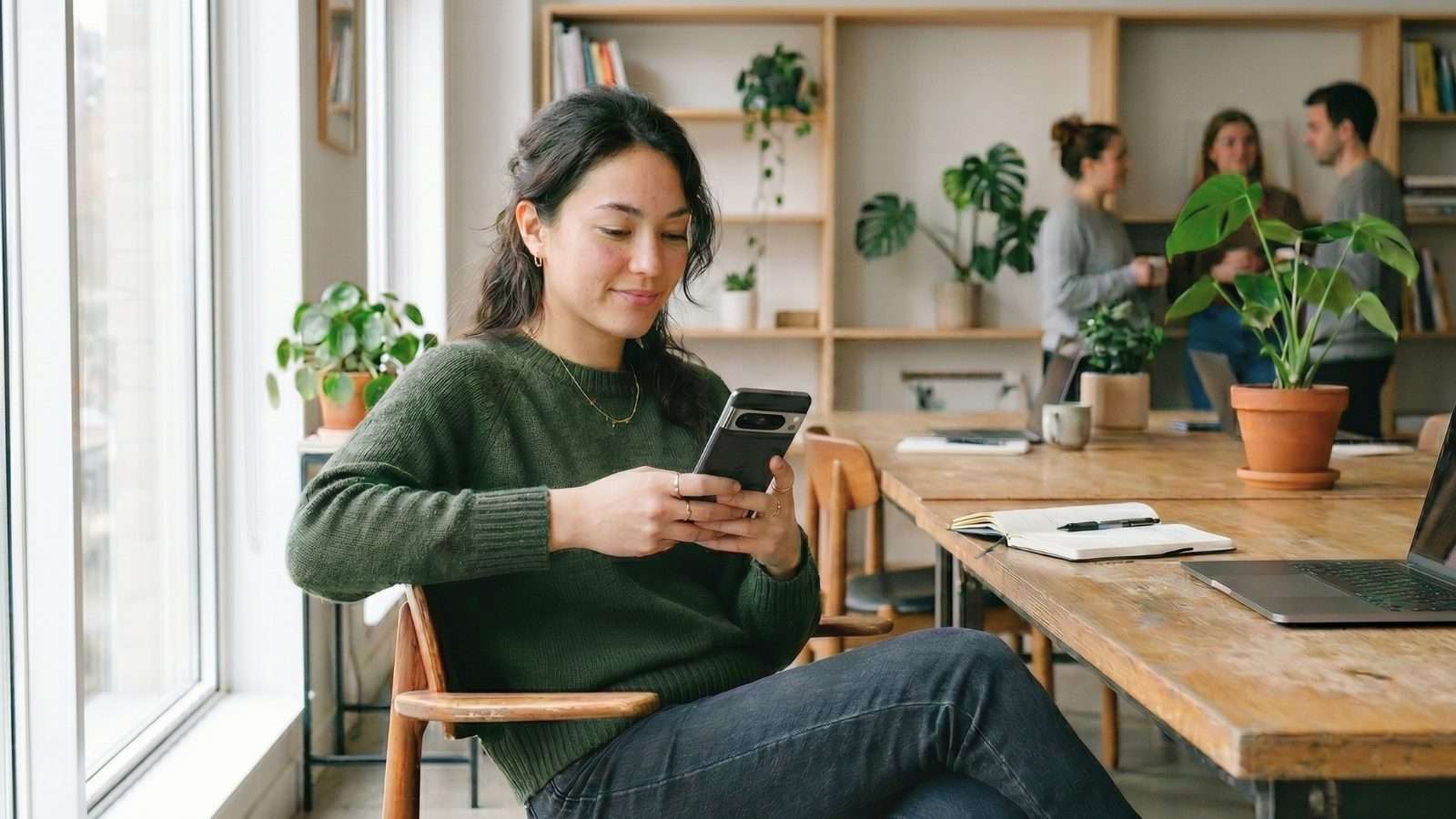 Persona joven en sala de juntas moderna revisando su celular con expresión tranquila