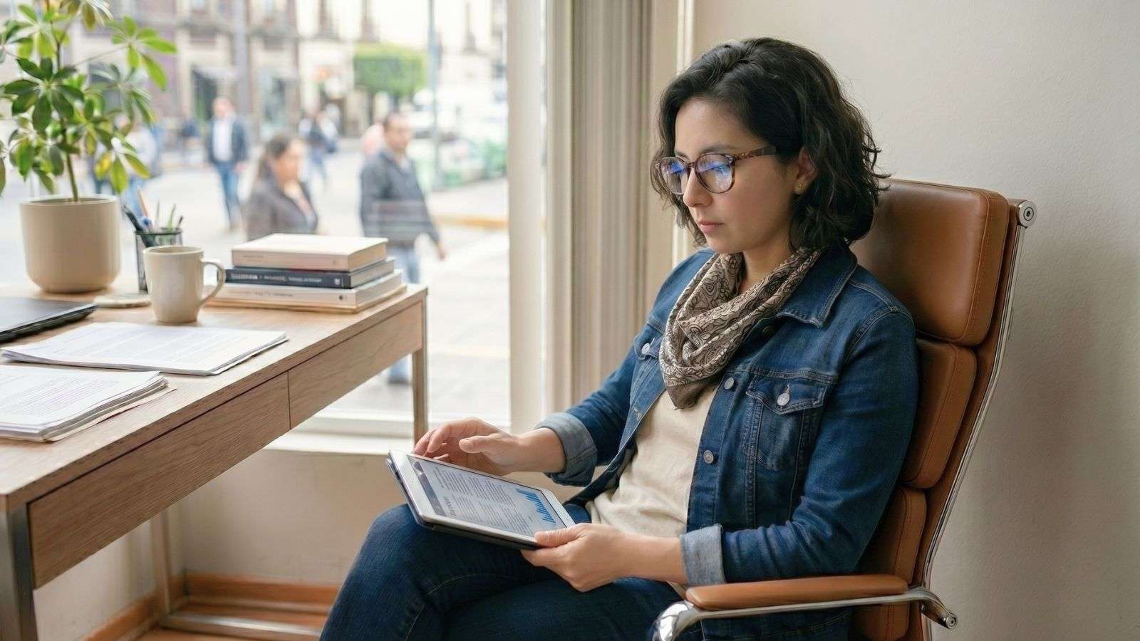 Persona observando información en una dispositivo en una oficina