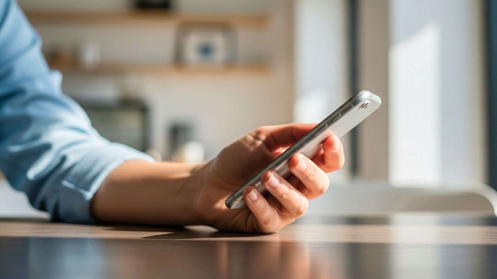 Mano sosteniendo un celular de forma relajada en un entorno cotidiano con luz natural