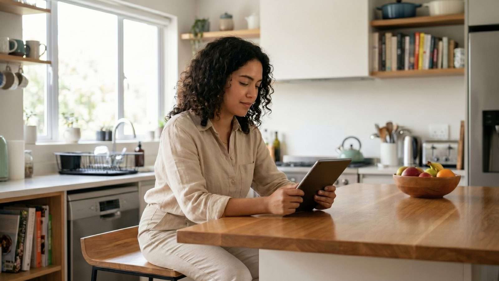 Persona en un entorno cotidiano interactuando con información de forma natural en un momento digital