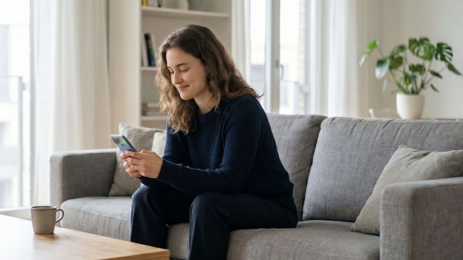 Persona en entorno cotidiano observando una pantalla con expresión de comprensión al recibir una respuesta digital