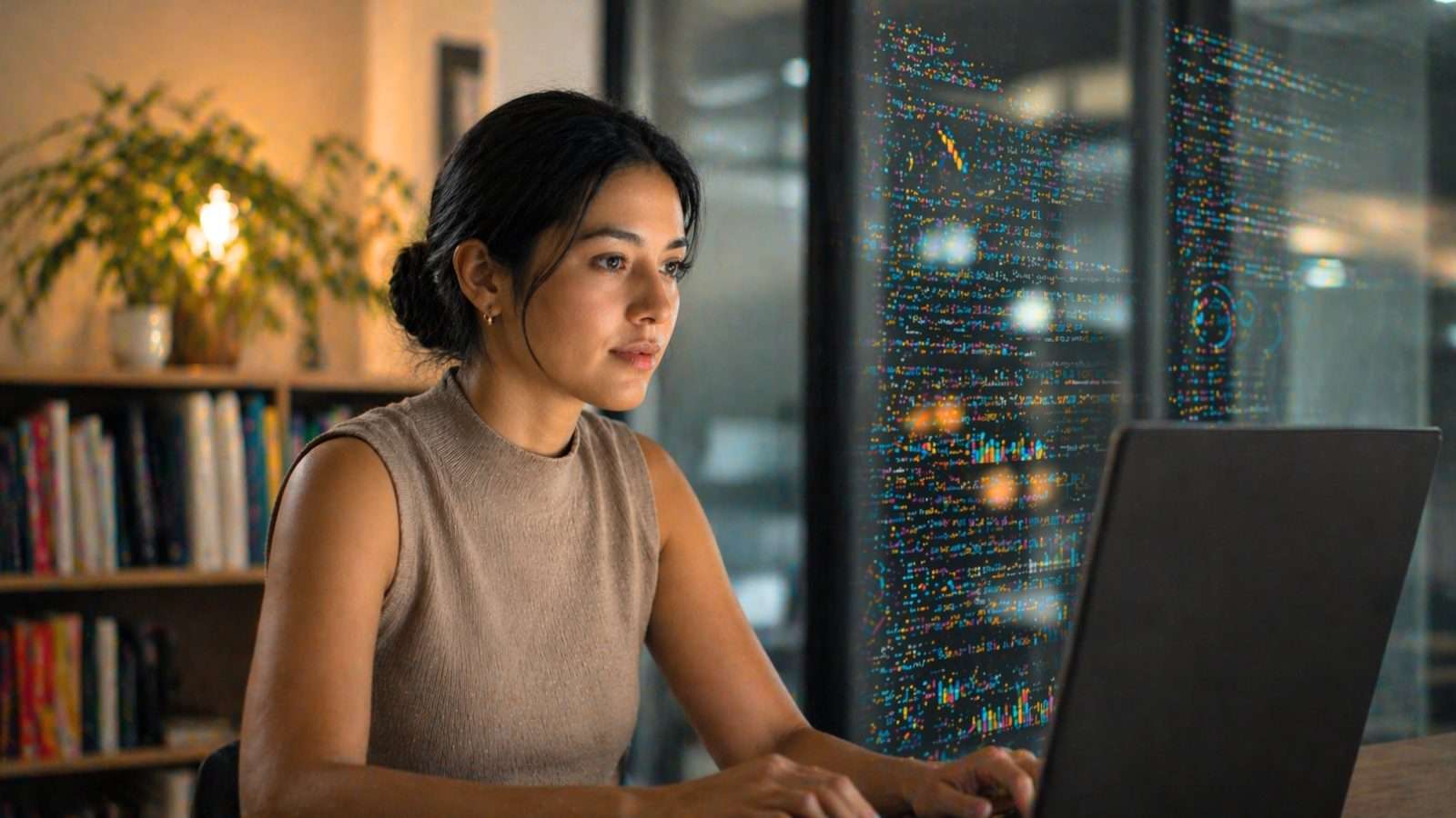 Persona reflexionando en entorno digital contemporáneo