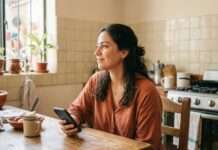 Persona en un momento de pausa reflexiva en casa después de usar internet