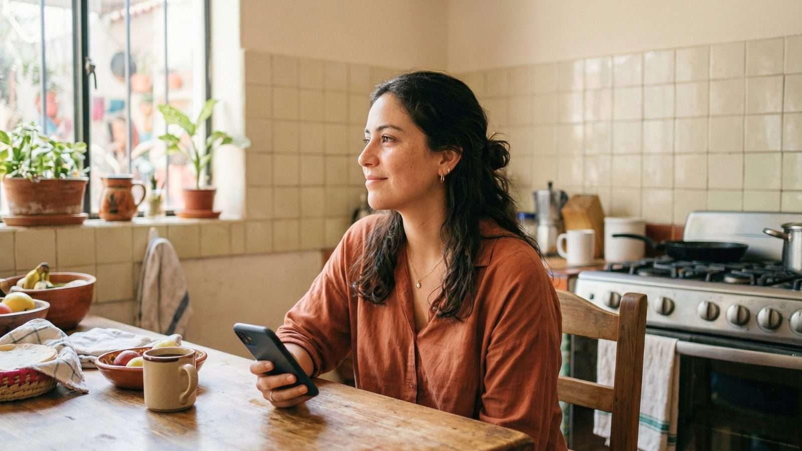 Persona en un momento de pausa reflexiva en casa después de usar internet