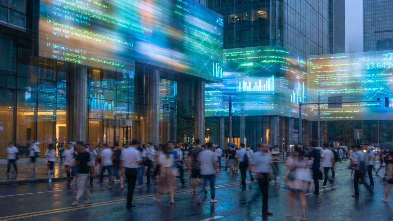 Personas caminando en un entorno urbano con luces en movimiento, representando el flujo digital continuo