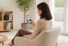 Mujer revisando contenido con inteligencia artificial influyendo en recomendaciones