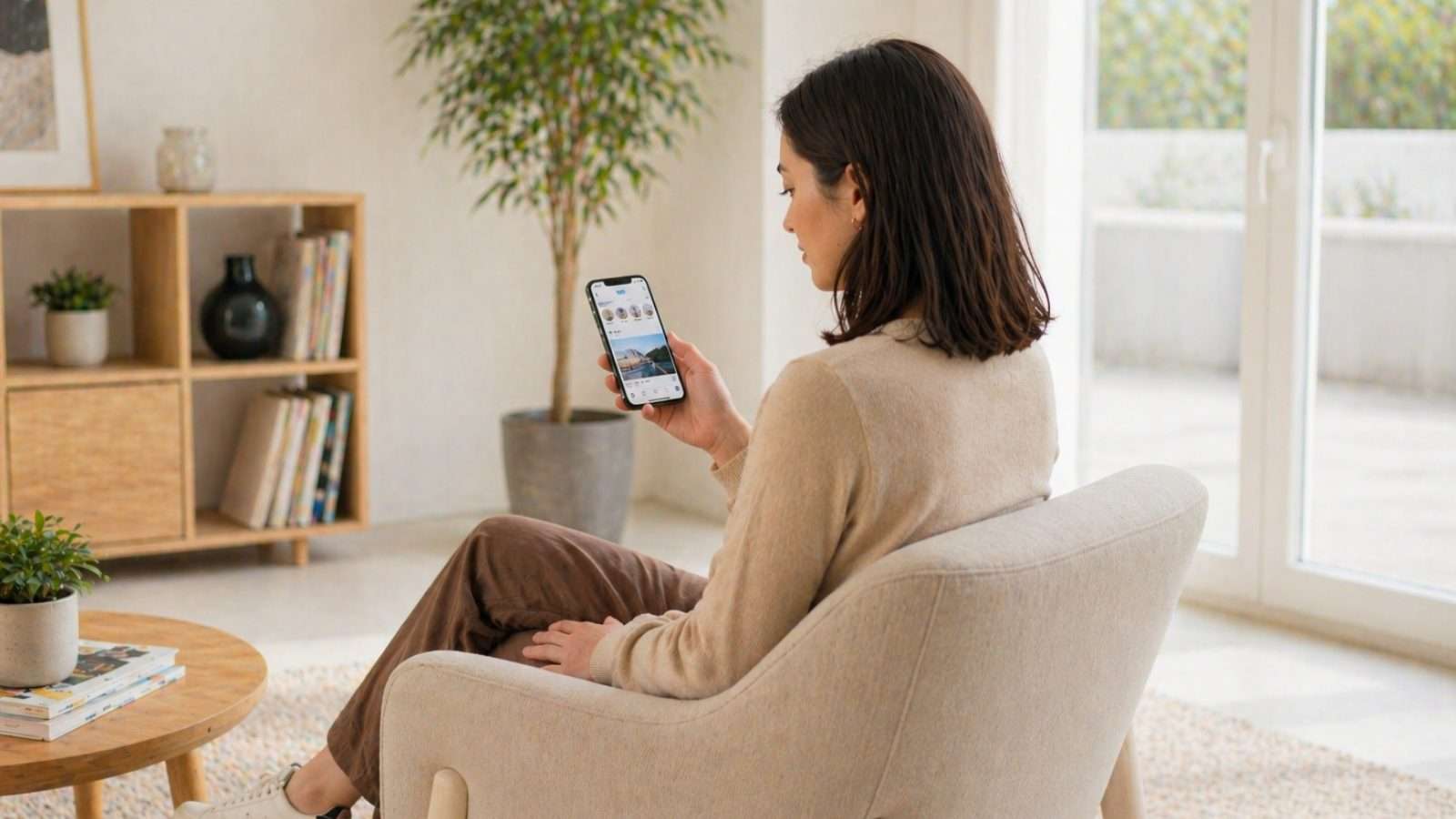 Mujer revisando contenido con inteligencia artificial influyendo en recomendaciones