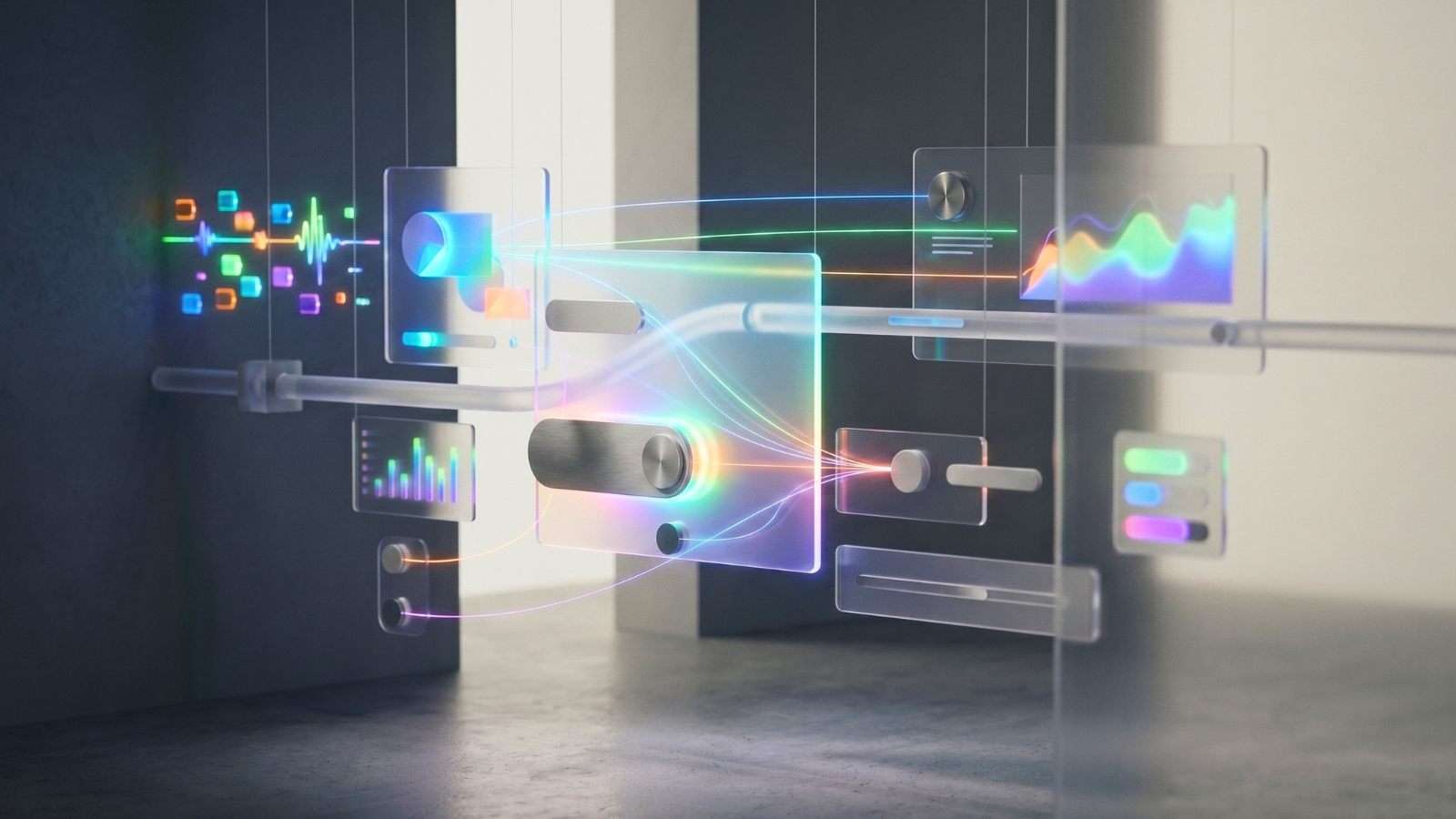 Capas de interfaz digital con flujo de información organizado que sugiere procesamiento inteligente en entorno digital