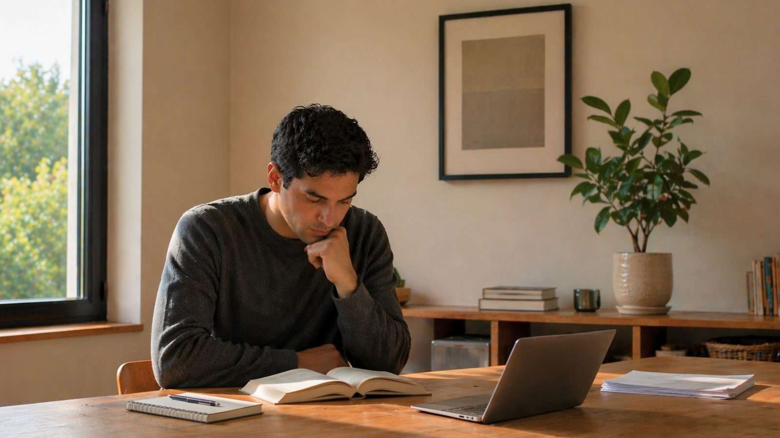 Persona reflexionando en entorno de trabajo sobre información digital organizada