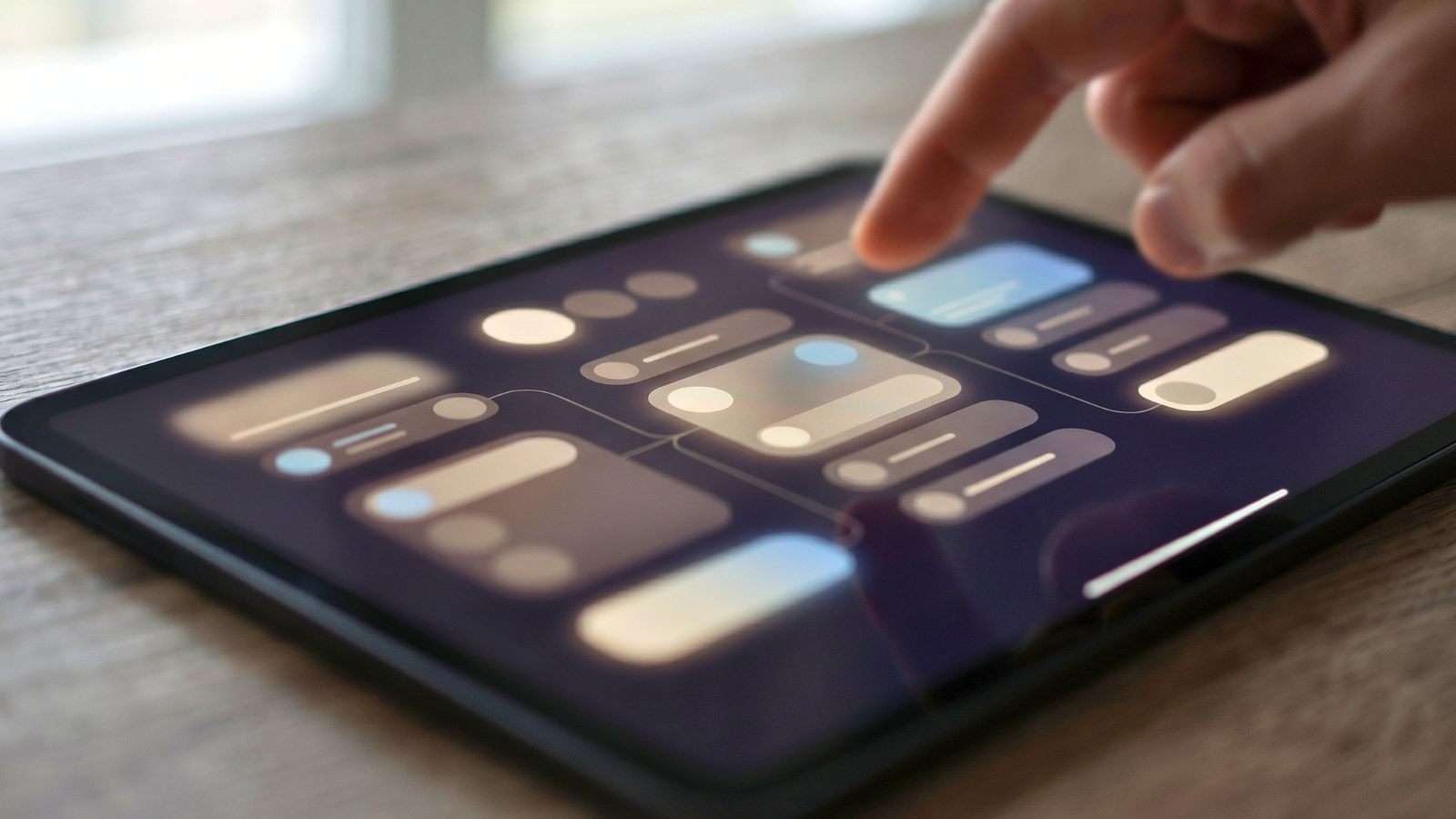 Interfaz digital en pantalla con elementos organizados y una mano interactuando de forma sutil en un entorno moderno