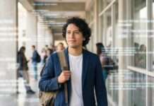 Persona en movimiento en un entorno urbano rodeada de estímulos visuales, representando la interpretación en el entorno digital