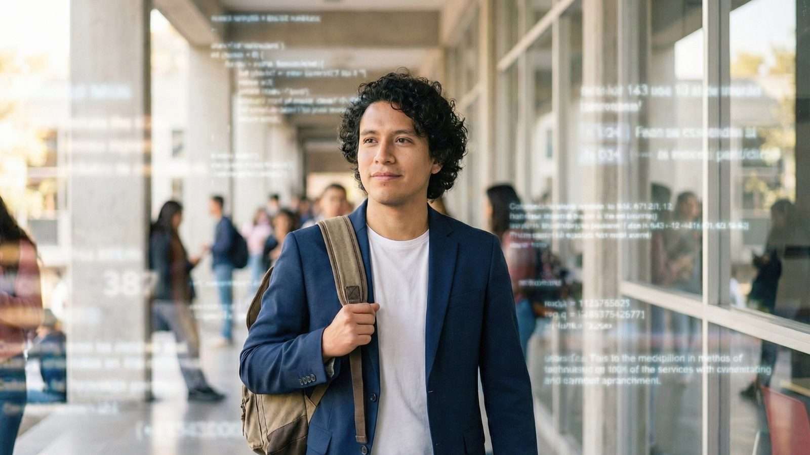 Persona en movimiento en un entorno urbano rodeada de estímulos visuales, representando la interpretación en el entorno digital