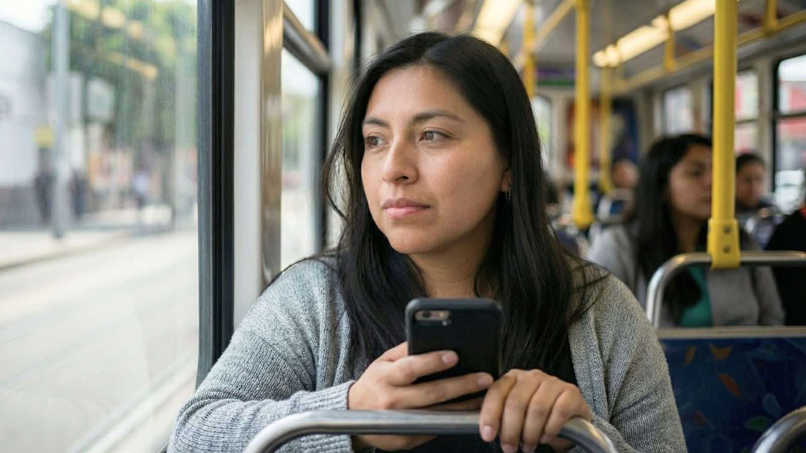 Joven mirando por la ventana en transporte público mientras reflexiona durante un momento cotidiano en la ciudad