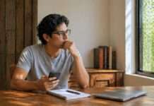 Persona utilizando inteligencia artificial con reflexión en entorno cotidiano