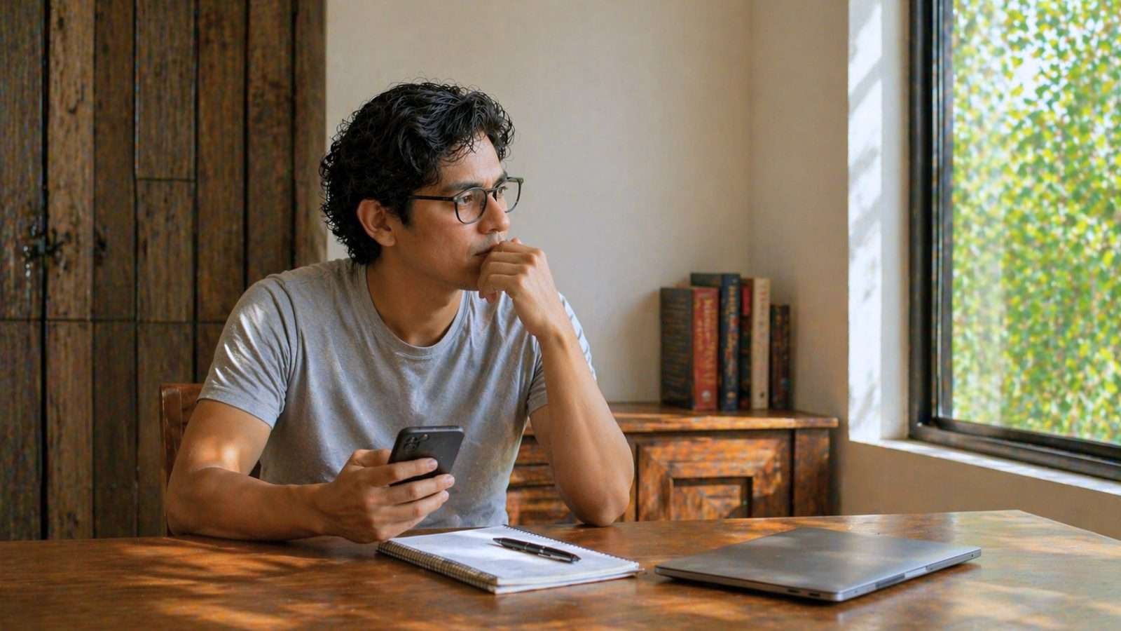 Persona utilizando inteligencia artificial con reflexión en entorno cotidiano