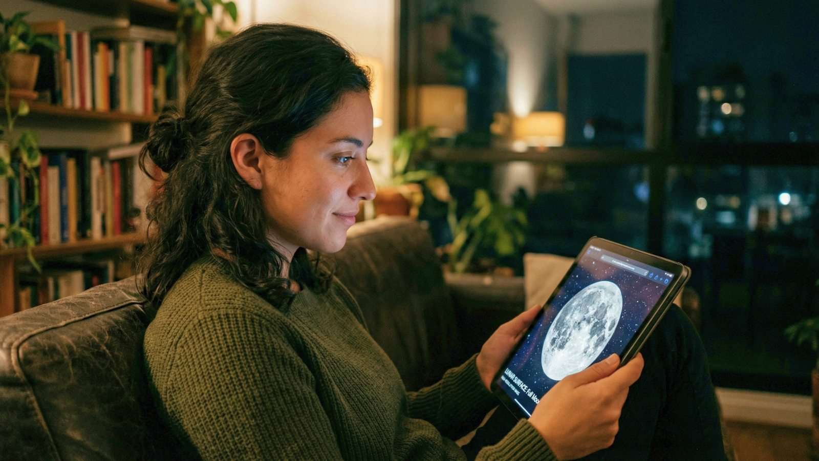 Persona observando la Luna en una pantalla digital, reflejando cómo vemos eventos en internet hoy