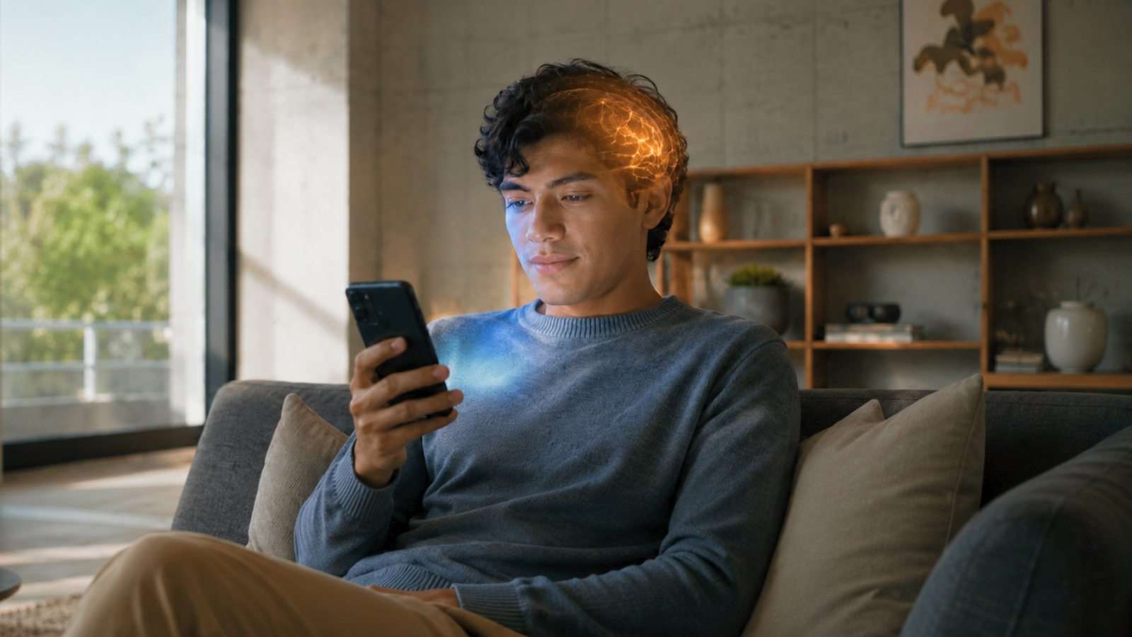 Persona observando contenido digital mientras una representación conceptual del procesamiento cerebral aparece integrada sutilmente al entorno visual contemporáneo.
