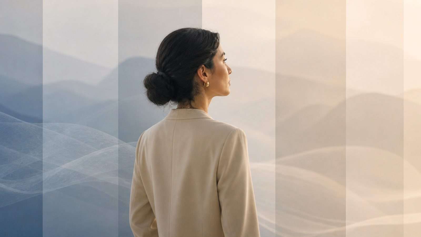 Persona en perfil con fondo abstracto en capas que representa la comprensión del entorno digital