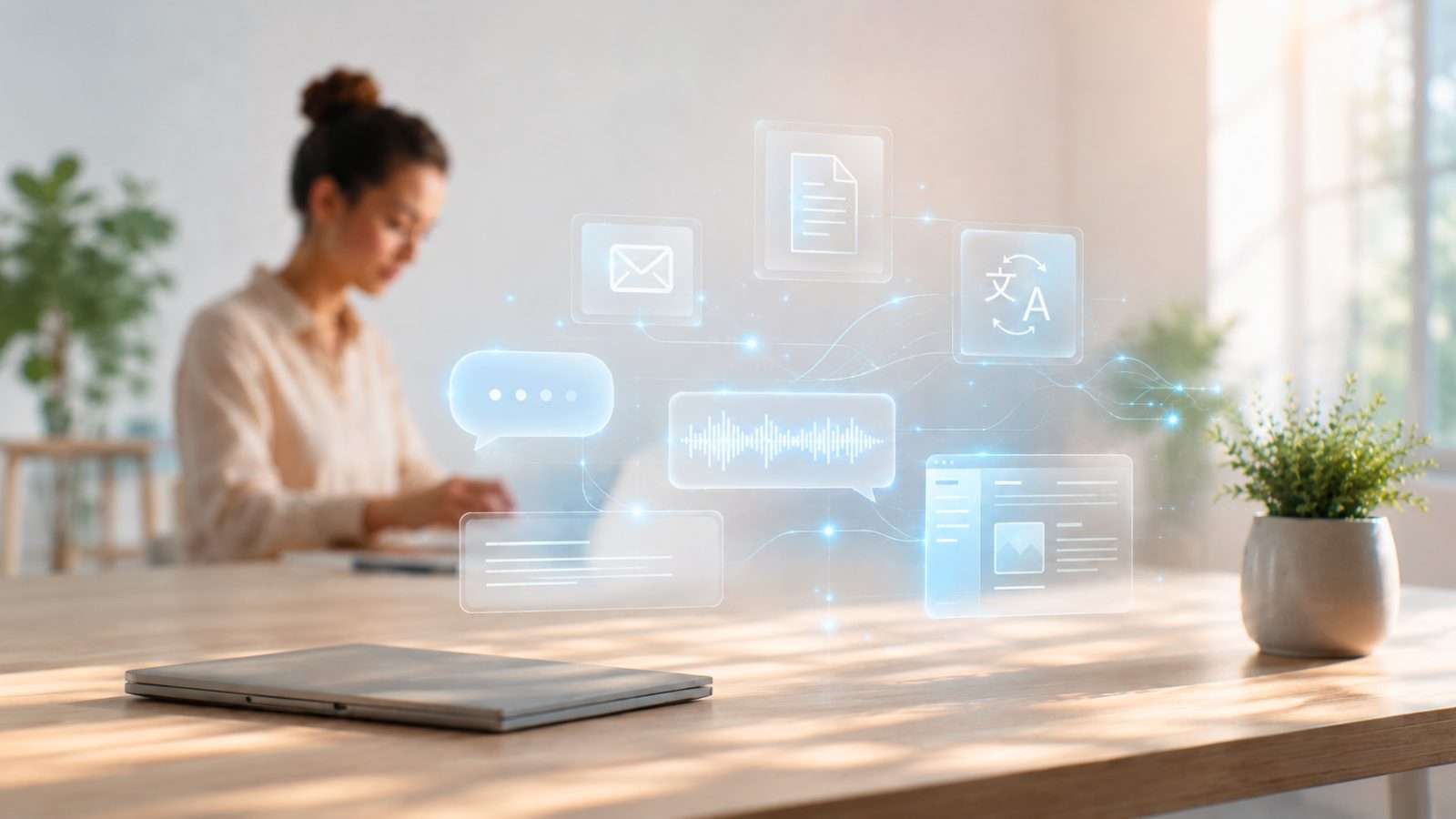 Elementos holográficos de comunicación como chat, voz, correo, traducción y contenido flotan en una composición digital contemporánea