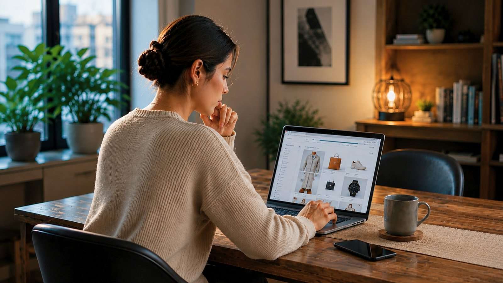 Persona interactuando con contenido digital relacionado con consumo y ecommerce.