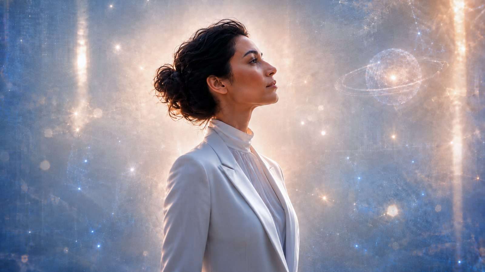 Silueta humana integrada en un entorno digital conceptual con elementos sutiles de inteligencia artificial