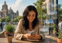 Persona interactuando naturalmente con contenido digital dentro de un entorno urbano contemporáneo relacionado con hábitos digitales y herramientas inteligentes.