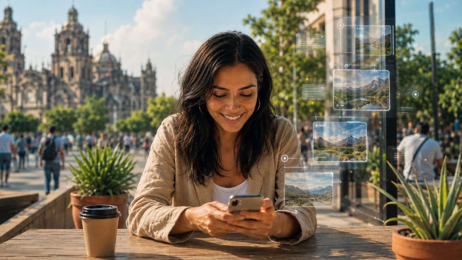Persona interactuando naturalmente con contenido digital dentro de un entorno urbano contemporáneo relacionado con hábitos digitales y herramientas inteligentes.