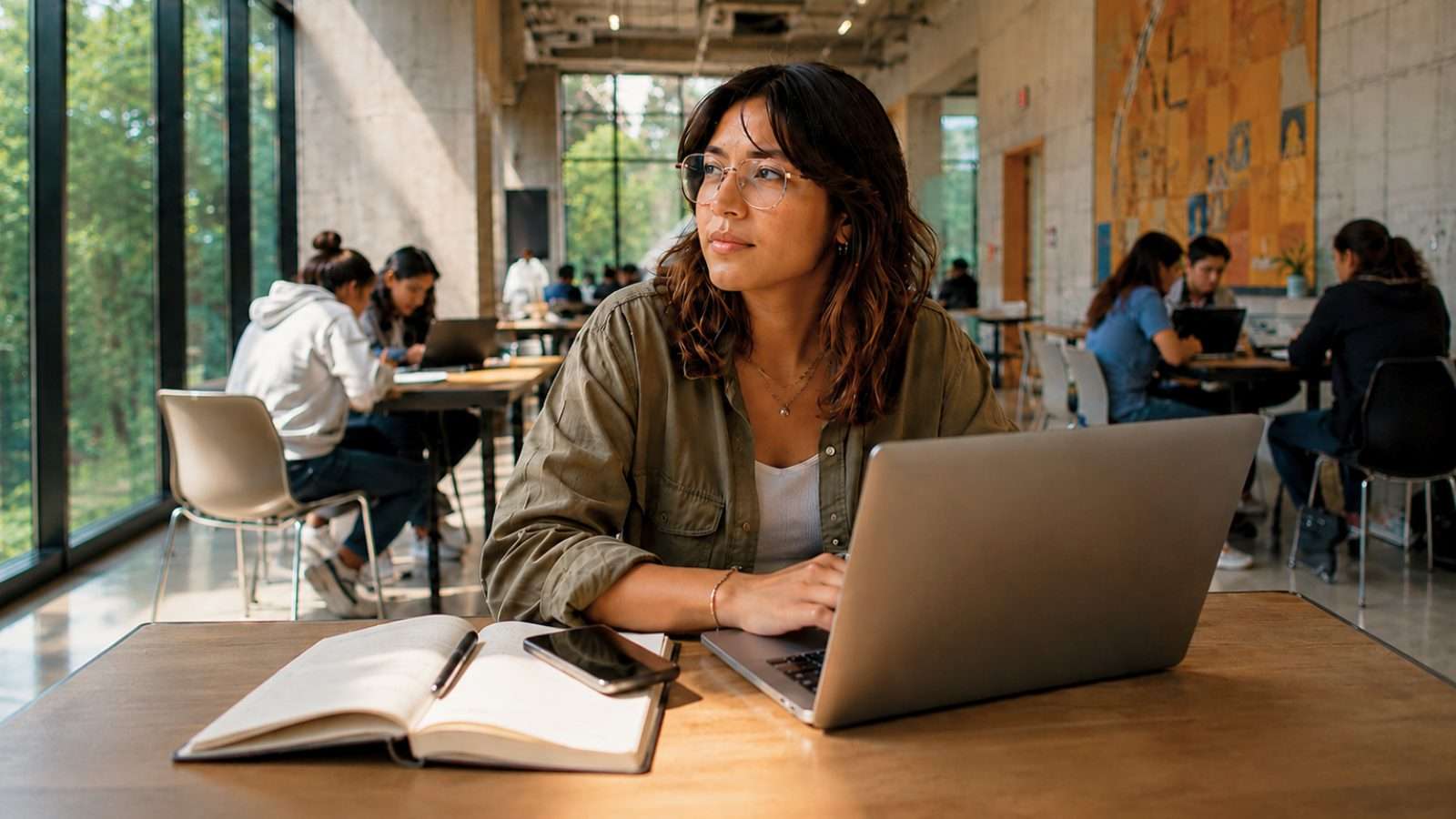 Persona dentro de un entorno urbano contemporáneo mientras sistemas inteligentes