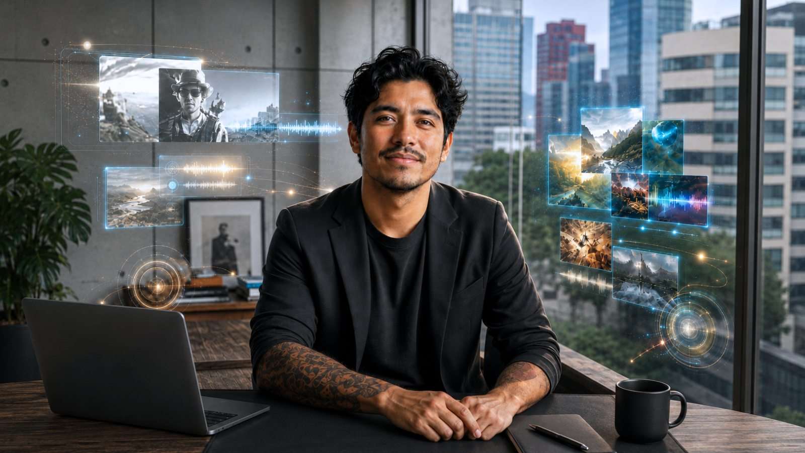Persona integrada dentro de un entorno digital contemporáneo donde contenido visual, plataformas y herramientas de inteligencia artificial forman parte natural de internet.