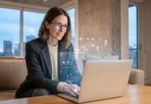 Persona utilizando dispositivos digitales en un entorno contemporáneo mientras la inteligencia artificial participa de forma sutil en procesos cotidianos de comunicación digital.