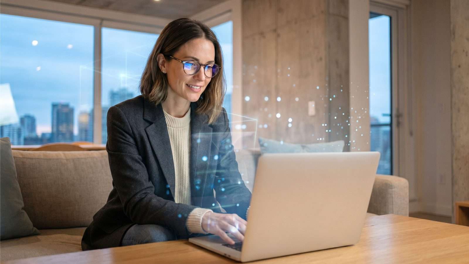 Persona utilizando dispositivos digitales en un entorno contemporáneo mientras la inteligencia artificial participa de forma sutil en procesos cotidianos de comunicación digital.