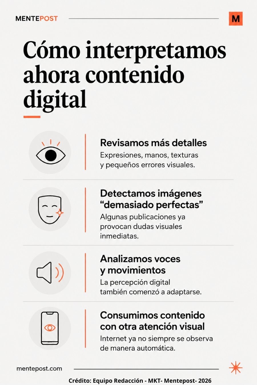 Infografía editorial sobre percepción visual digital y nuevas formas de interpretar contenido creado con inteligencia artificial dentro de internet contemporáneo.