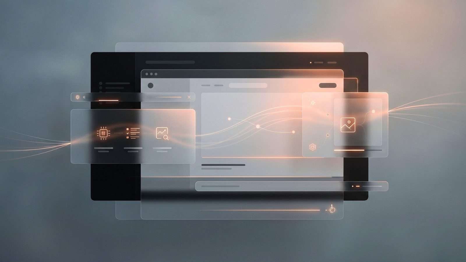 Ilustración editorial sobre plataformas digitales contemporáneas integrando procesos automáticos con inteligencia artificial.