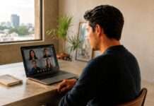 Persona vista de espaldas observando una pantalla con una imagen genérica de videollamada o perfil digital dentro de un entorno contemporáneo.