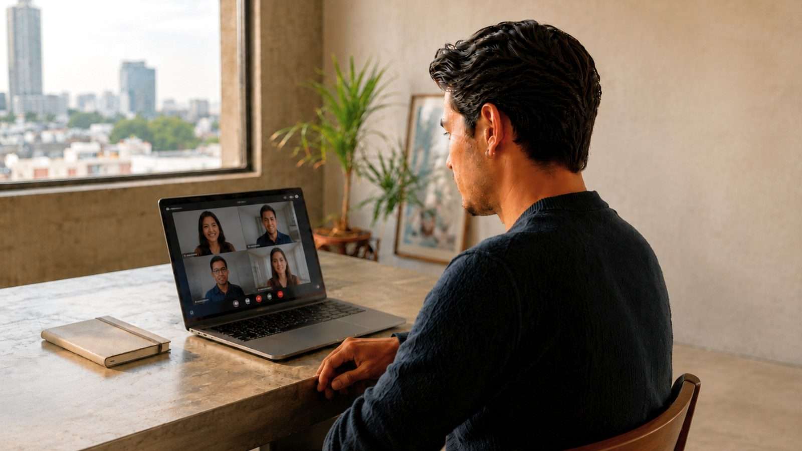 Persona vista de espaldas observando una pantalla con una imagen genérica de videollamada o perfil digital dentro de un entorno contemporáneo.