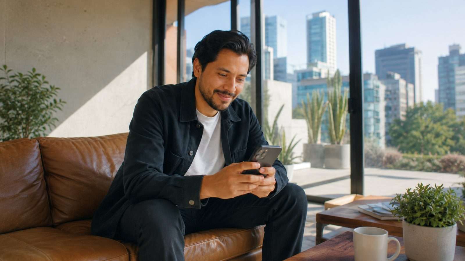 Persona utilizando un smartphone dentro de un entorno contemporáneo mientras contenido digital y comunicación visual forman parte natural de la escena.