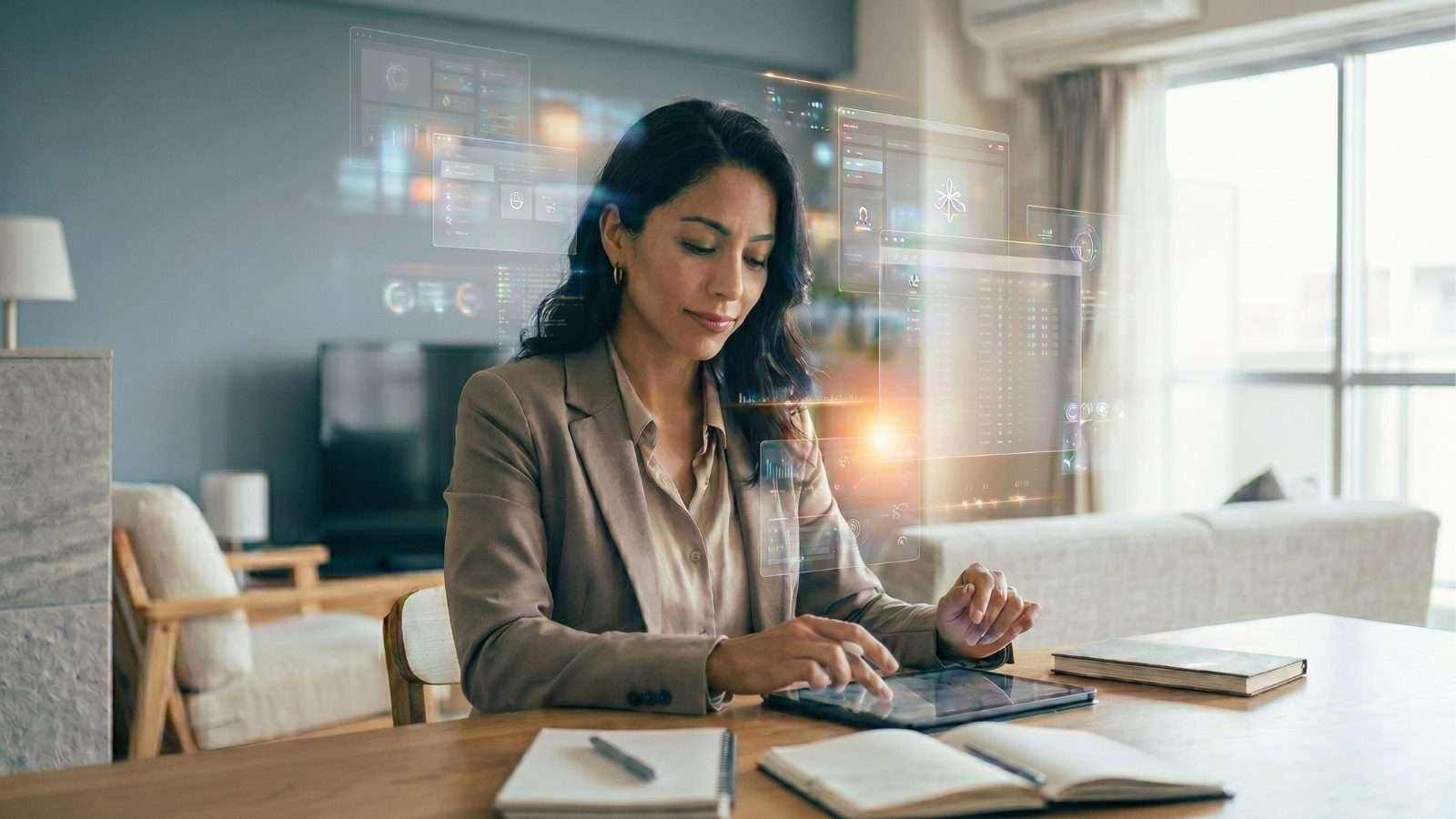 Persona procesando múltiples estímulos y mensajes digitales dentro de un entorno contemporáneo de comunicación acelerada.