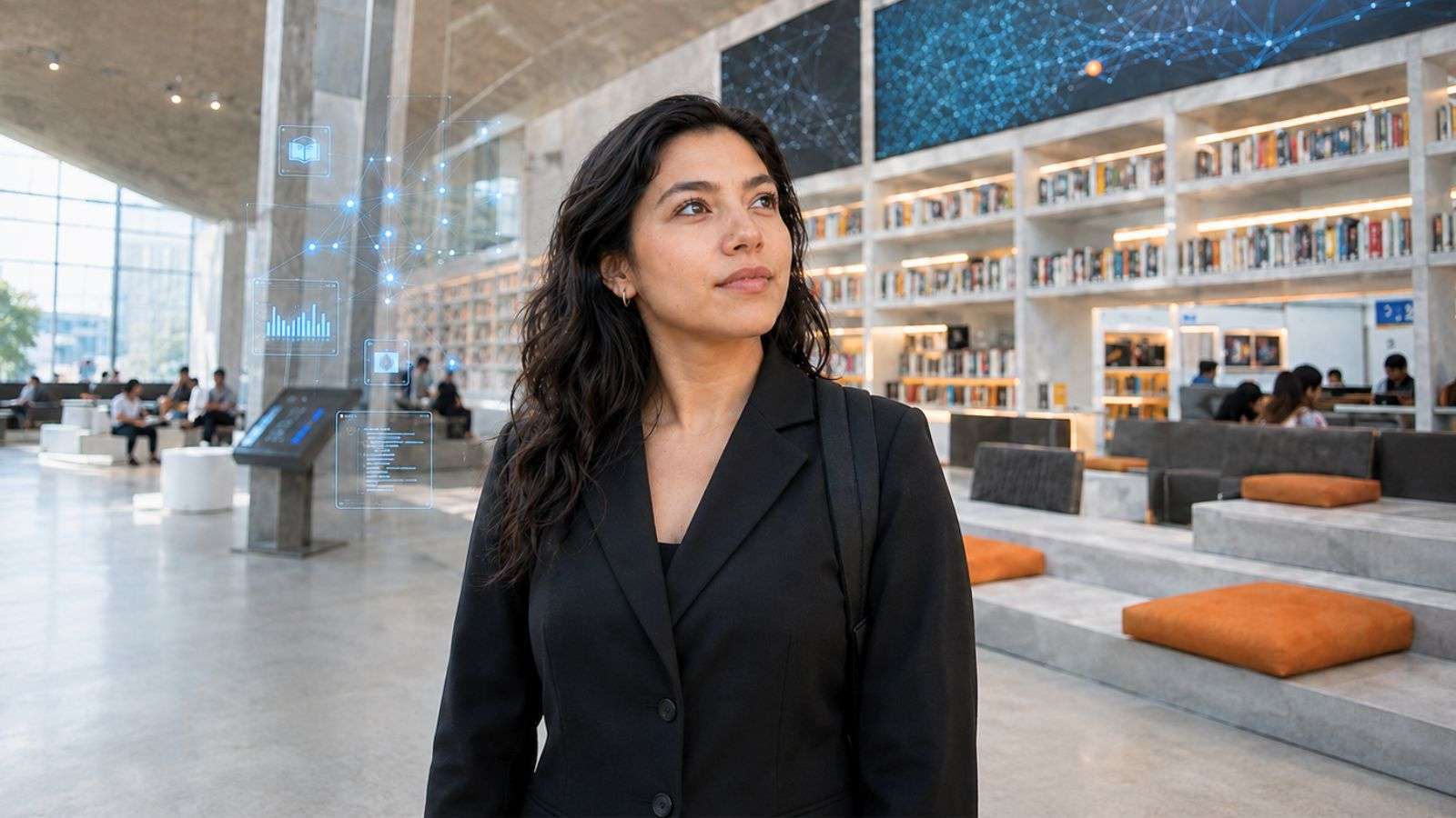 Alt: Joven observando tecnología e información en un espacio tipo museo o exposición, como parte de una experiencia de aprendizaje digital.
