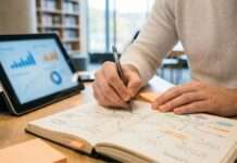 Aprender en internet también implica comprender Manos de una persona contemporánea conectando ideas en una libreta moderna mientras utiliza información digital desde un dispositivo móvil dentro de un entorno de aprendizaje contemporáneo.