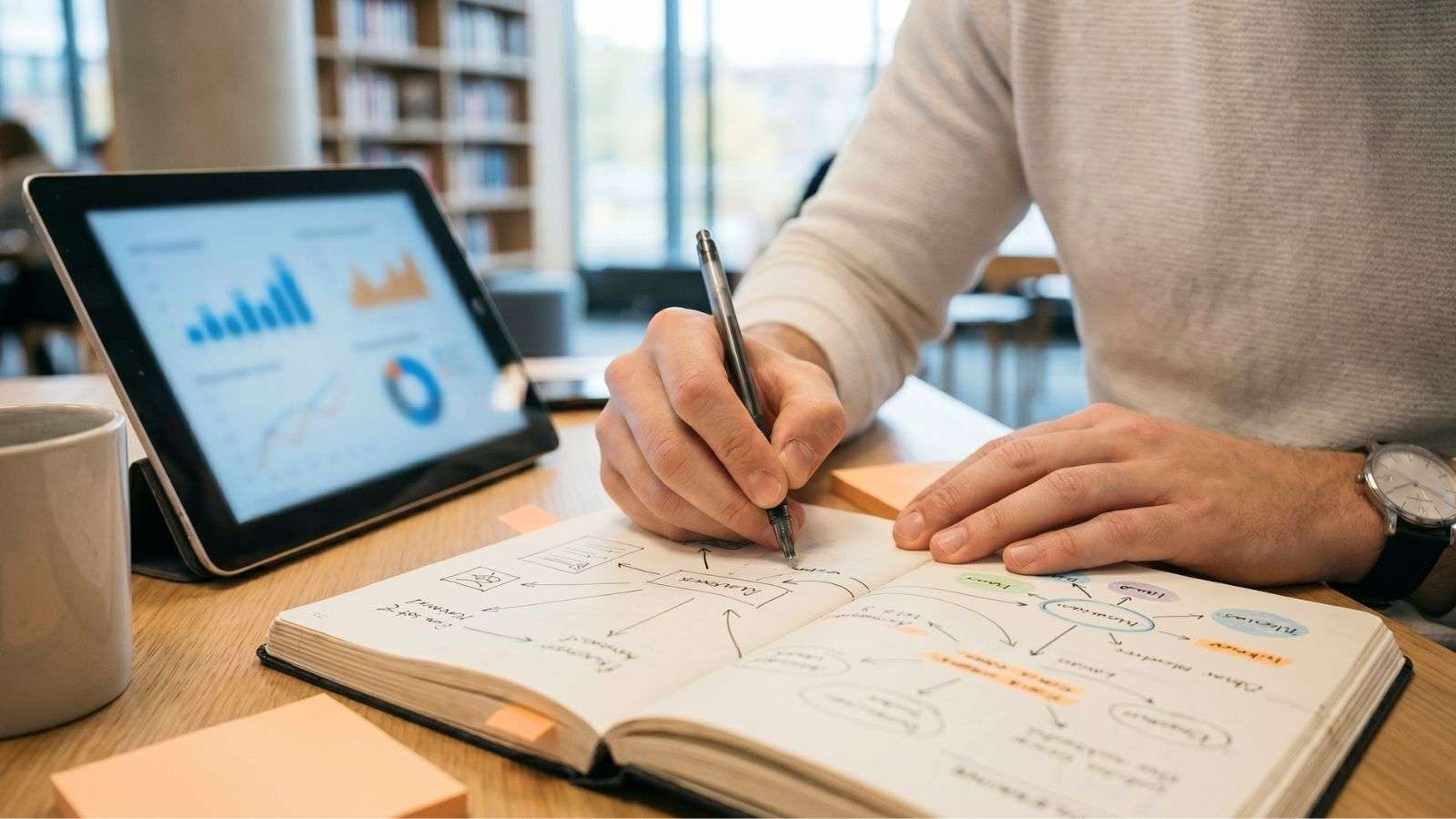 Manos de una persona contemporánea conectando ideas en una libreta moderna mientras utiliza información digital desde un dispositivo móvil dentro de un entorno de aprendizaje contemporáneo.