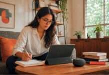 Comprender internet también cambió la forma en que aprendemos Mujer joven explorando información digital desde un espacio cómodo de estudio en casa mientras utiliza herramientas tecnológicas para aprender y tomar notas.