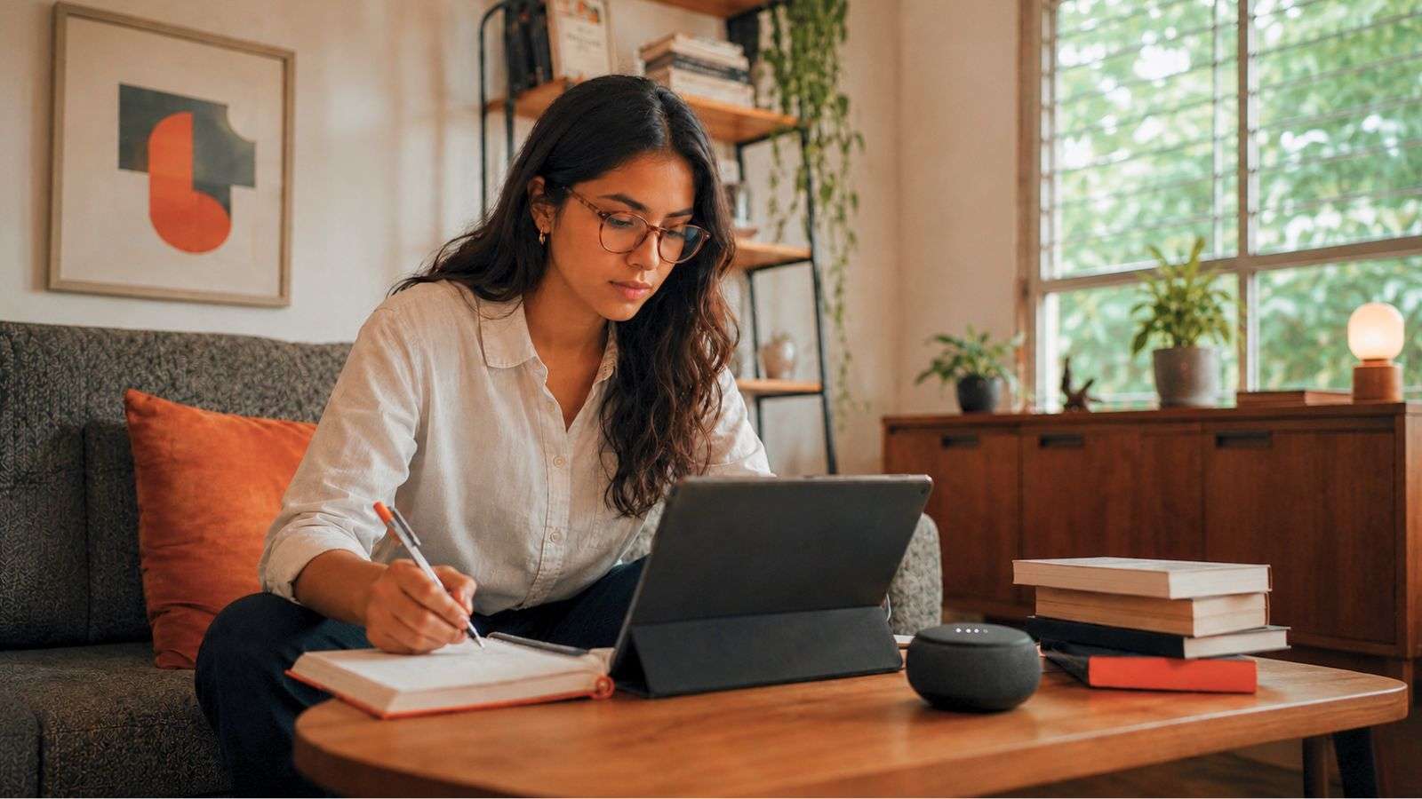 Mujer joven explorando información digital desde un espacio cómodo de estudio en casa mientras utiliza herramientas tecnológicas para aprender y tomar notas.