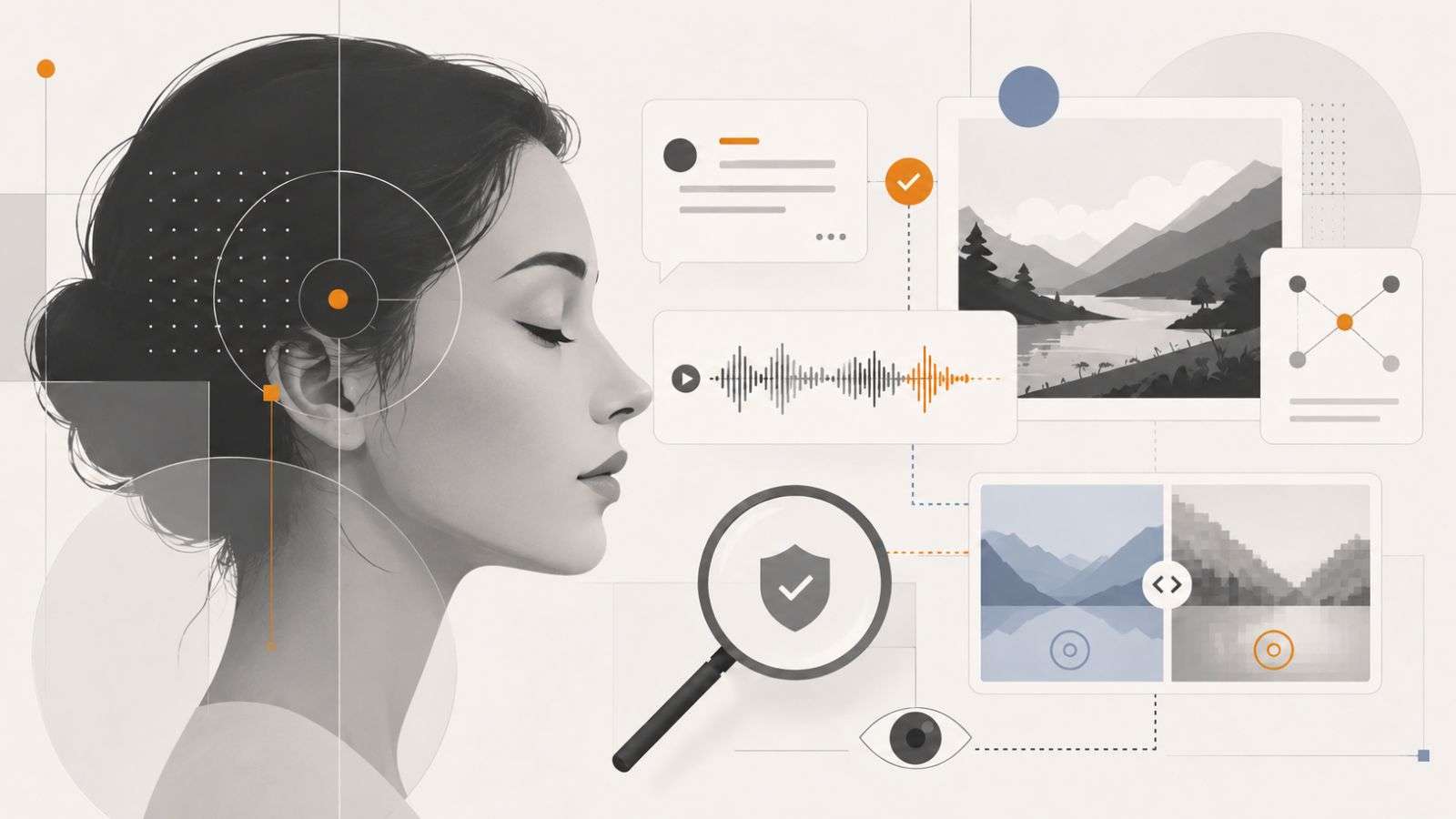 Ilustración conceptual sobre señales de autenticidad en internet, con rostro abstracto, mensajes, voz y elementos visuales de análisis digital.