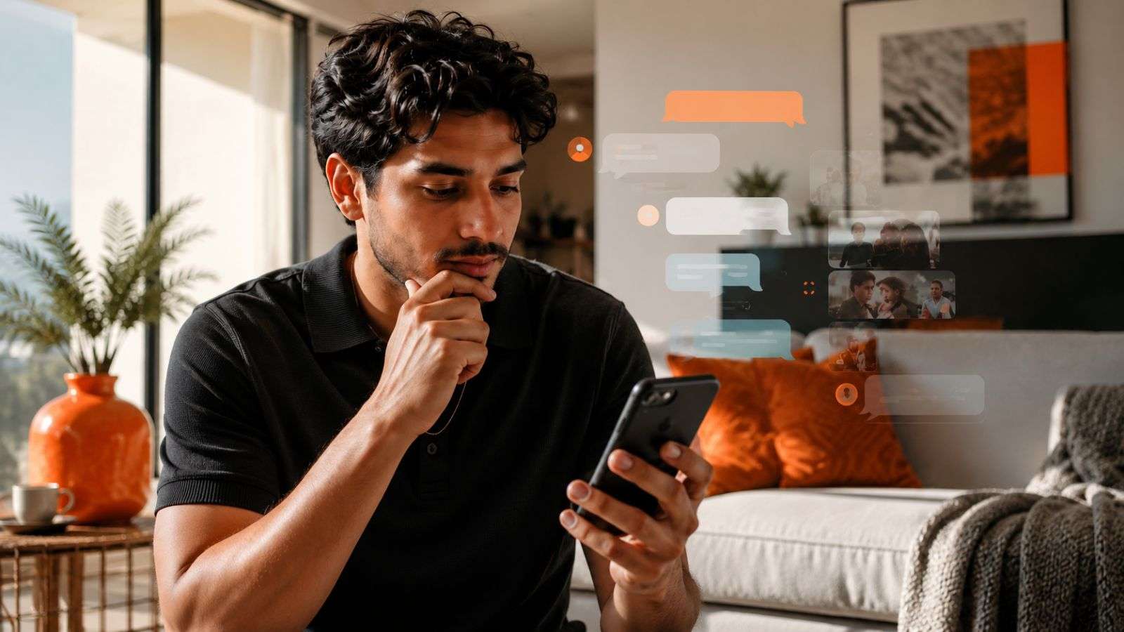 Persona revisando un mensaje en su teléfono dentro de un entorno cálido, en una escena sobre comunicación digital y presencia en internet.