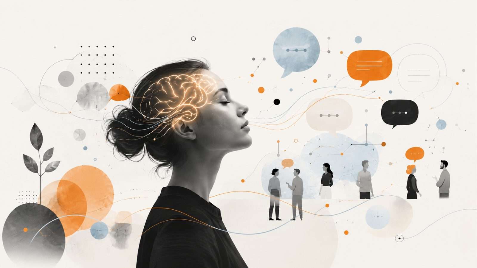 Ilustración conceptual de una silueta humana con un trazo de cerebro y elementos de comunicación, relacionada con lenguaje, pensamiento y comprensión.