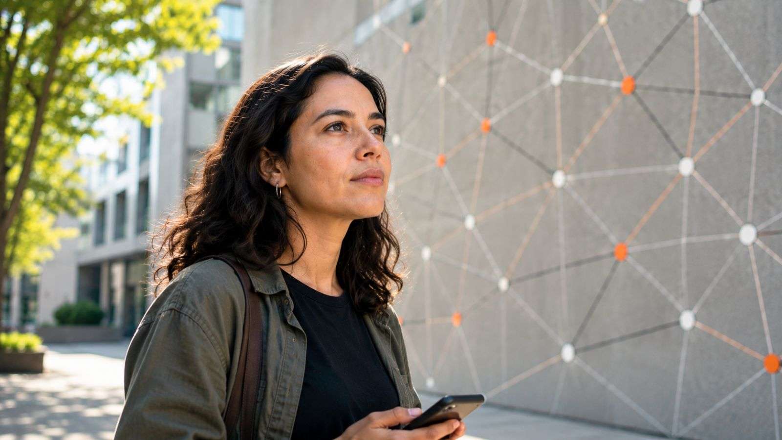 Primer plano de una persona contemporánea experimentando un momento de comprensión mientras relaciona distintas ideas e información dentro de un entorno de aprendizaje moderno.