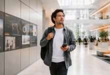 Persona contemporánea caminando dentro de un entorno urbano moderno rodeado de experiencias digitales integradas de forma natural a la vida cotidiana.