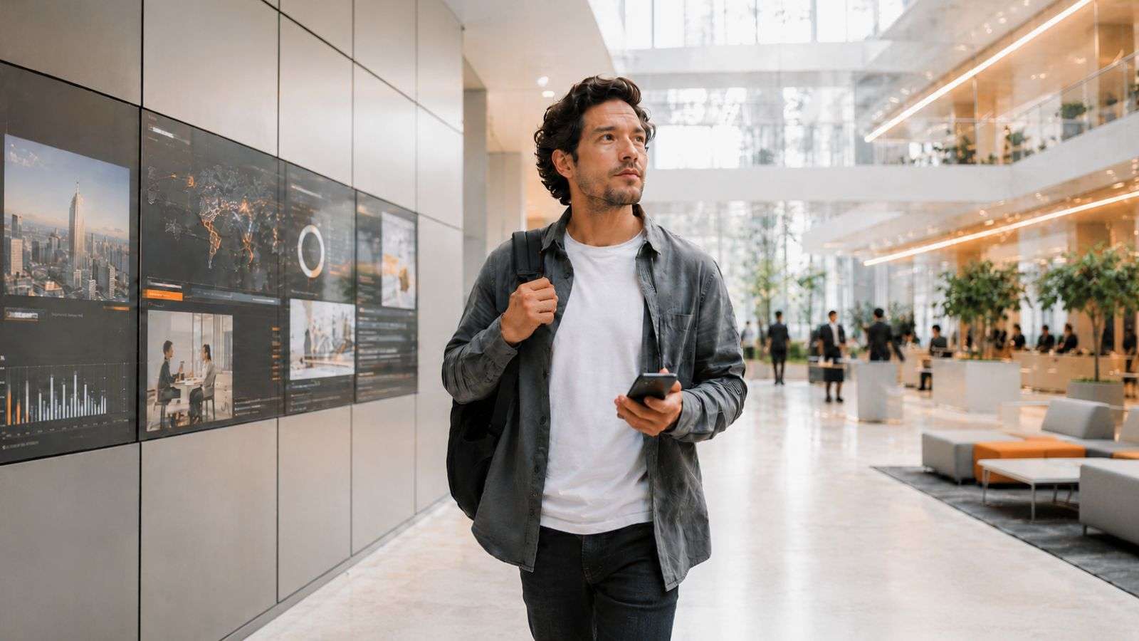 Persona contemporánea caminando dentro de un entorno urbano moderno rodeado de experiencias digitales integradas de forma natural a la vida cotidiana.