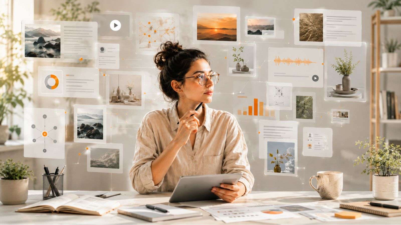 Persona analizando distintas fuentes de información digital dentro de un entorno tecnológico contemporáneo relacionado con comprensión, contexto y cultura digital.